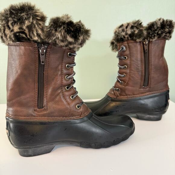 Sperry Tall Boots Girls 4 Fur Snow Waterproof Leather Lace Up Zip Pull On Brown - Picture 3 of 9